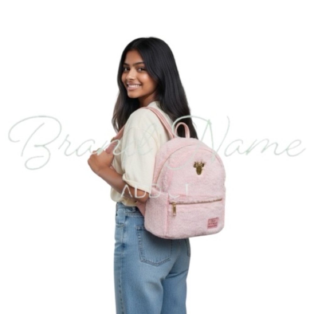 Disney Minnie Mouse Fuzzy Light Pink Mini Backpack - Picture 3 of 7